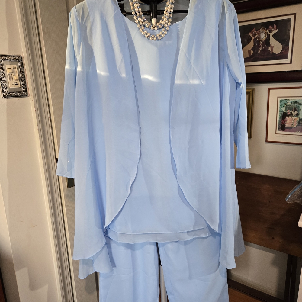 Light Blue Women's Chiffon Layered Tunic and Pant Set